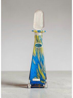 Vintage Murano Glass Perfume Bottle Stopper Blue Yellow Art Glass Decanter Lavor